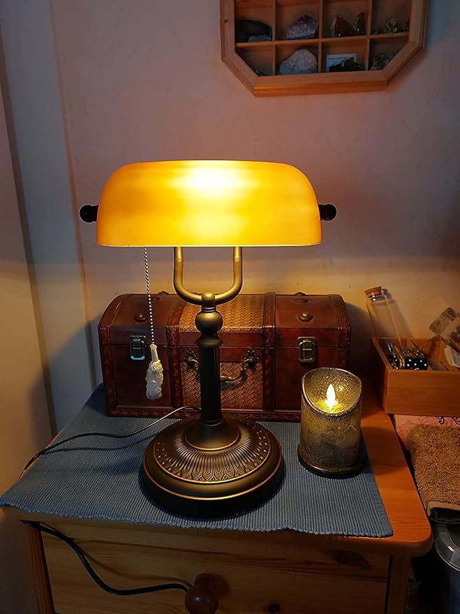 Newrays Amber Glass Bankers Schreibtischlampe mit Pull Chain Switch Plug In Fixture
